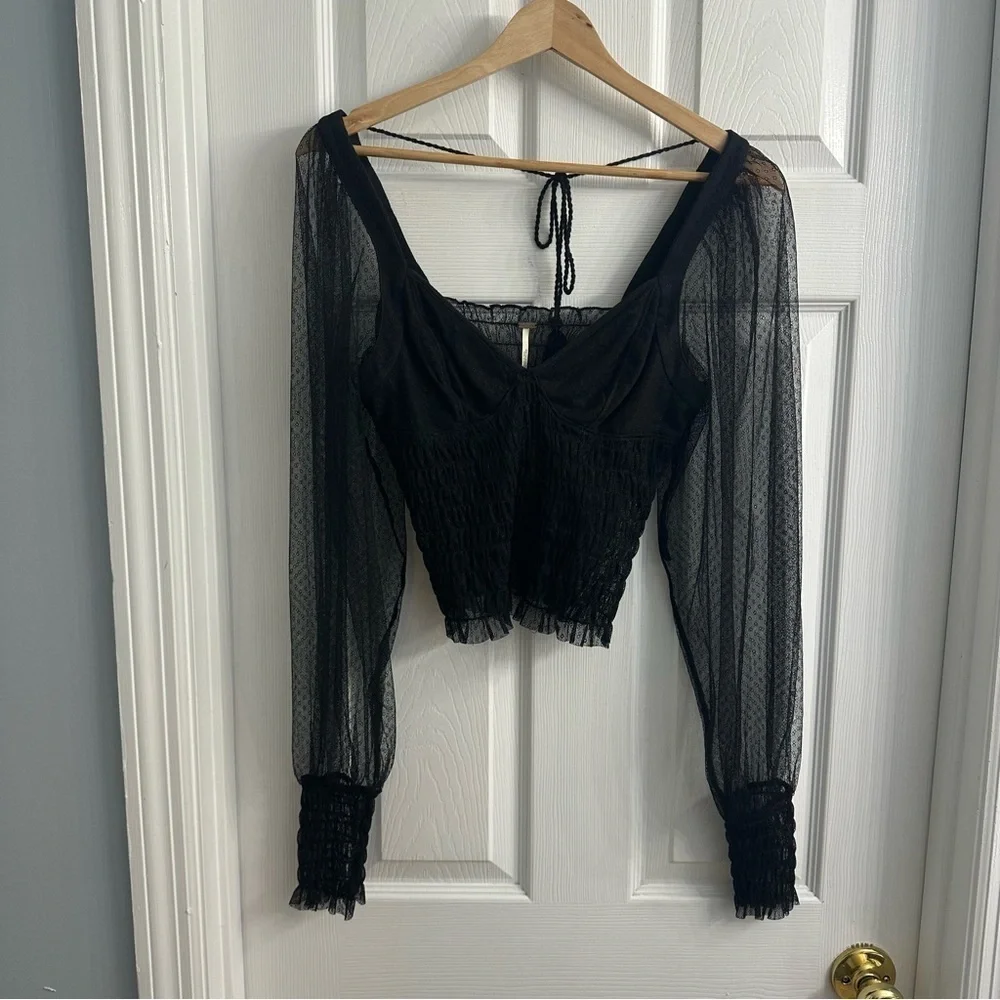 Free People Blouse Sheer Mesh Black Puff Sleeve Statement Sexy Size Extra Small